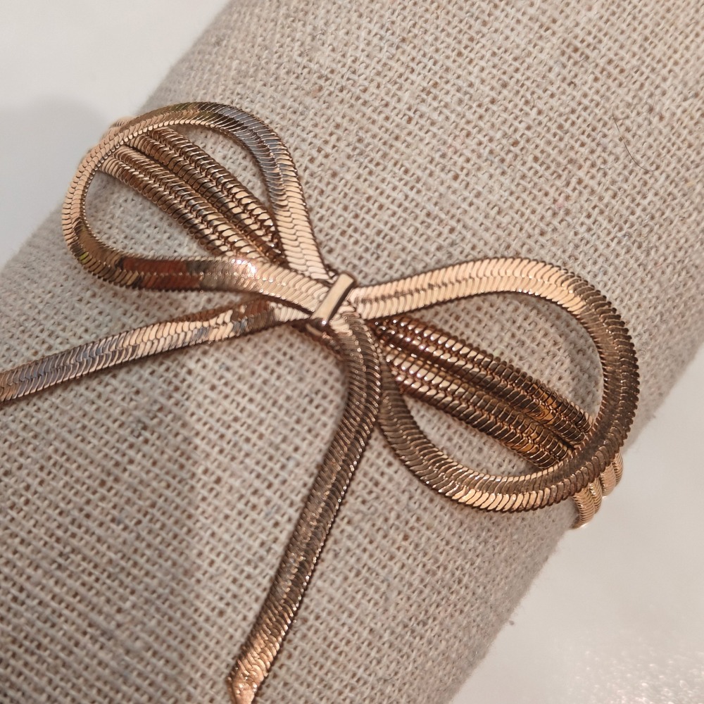 Rose Gold Tone Snake Chain Bow Bracelet Double Strand Herringbone Adjustable